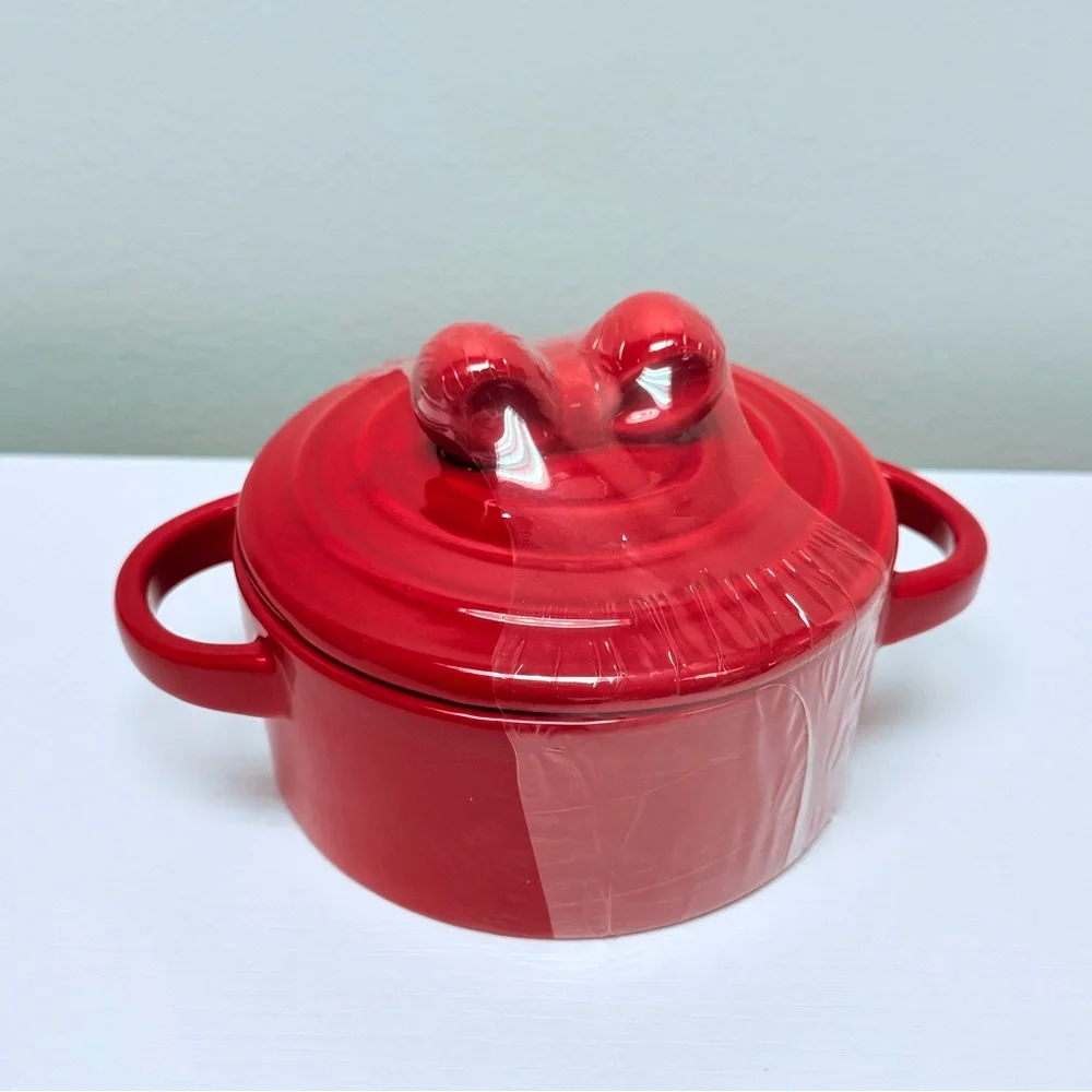 New! Mini Red Ceramic Cocotte by Makery with Bow on Lid